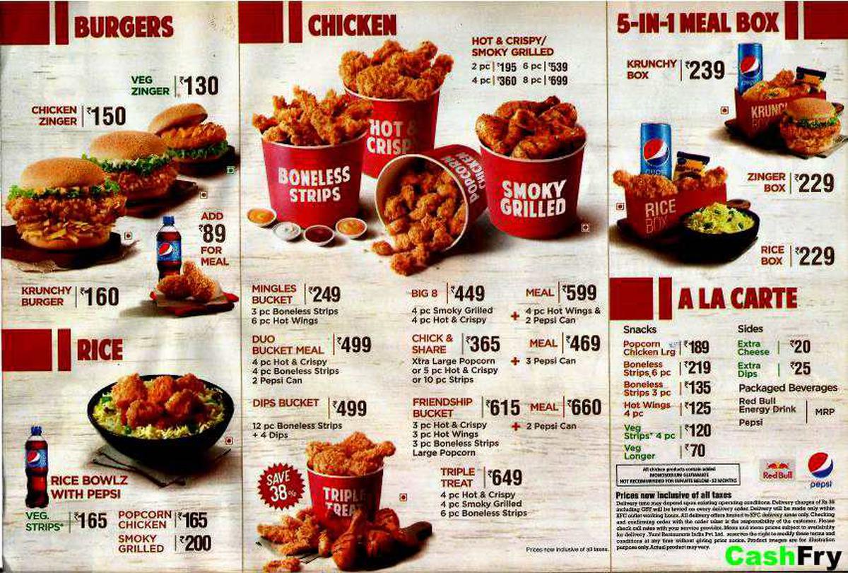 kfc menu bucket prices in rupees