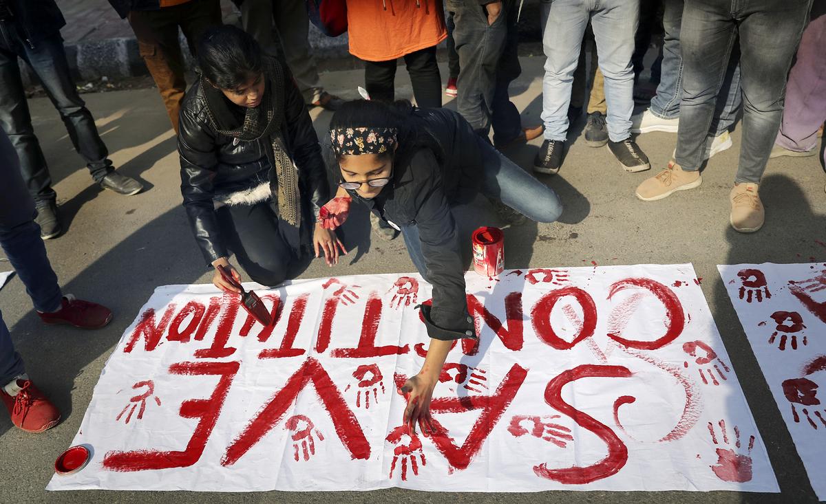 Students of Jamia Millia Islamia in New Delhi protesting against India’s new citizenship law.