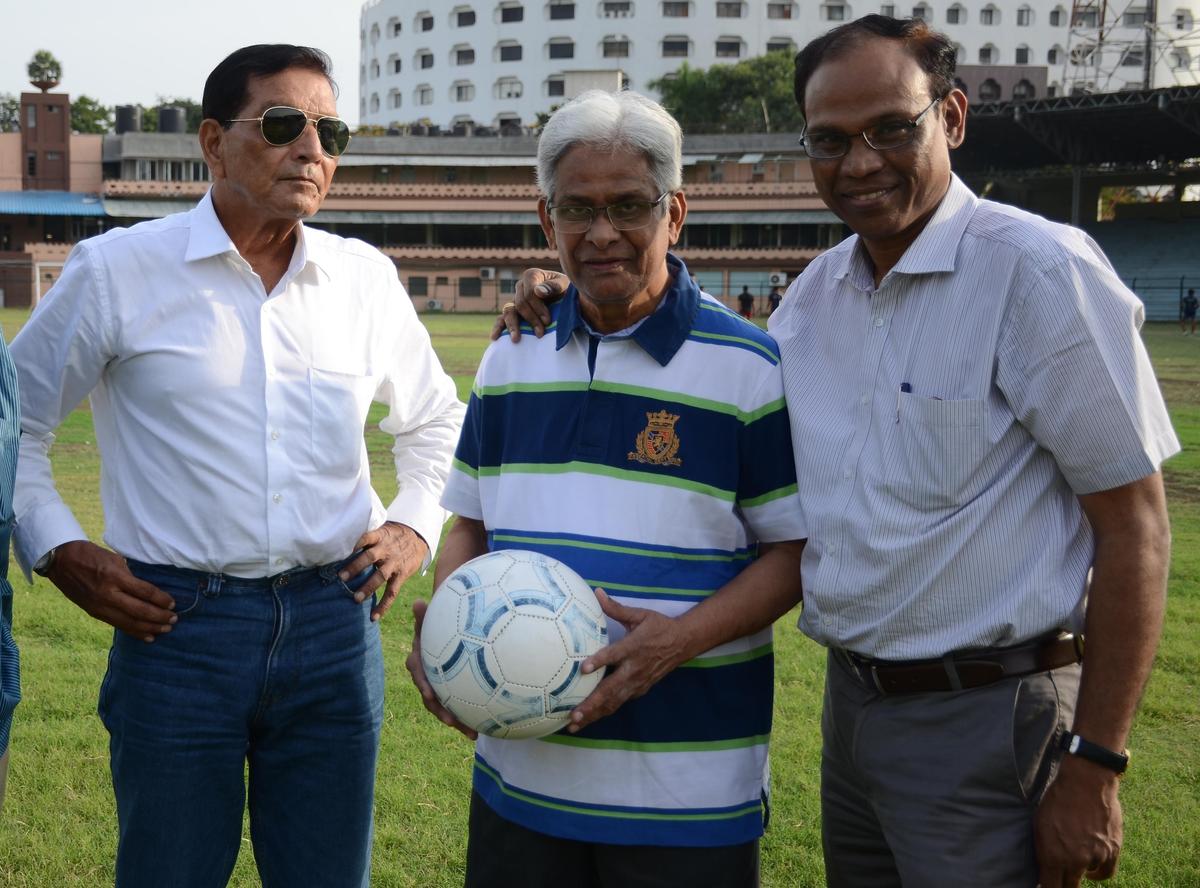 Former football players (from left) Syed Nayeemuddin, Mohammed Habib and Victor Amalraj at Lal Bahadur Stadium in Hyderabad on September 28, 2017. File