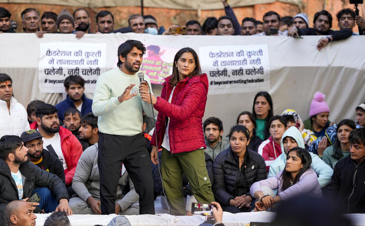 New Delhi: Wrestlers Bajrang Punia, Vinesh Phogat, Sakshi Malik and others during their ongoing protest against the Wrestling Federation of India (WFI), at Jantar Mantar in New Delhi, Friday, Jan. 20, 2023.