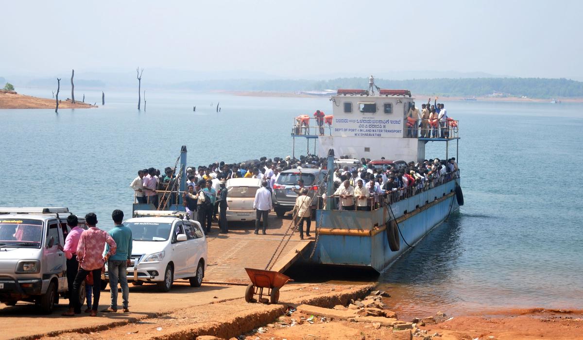 A barge ferrying pilgrims and their vehicles on Sharavati river backwaters to Sigandur in Shivamogga district.