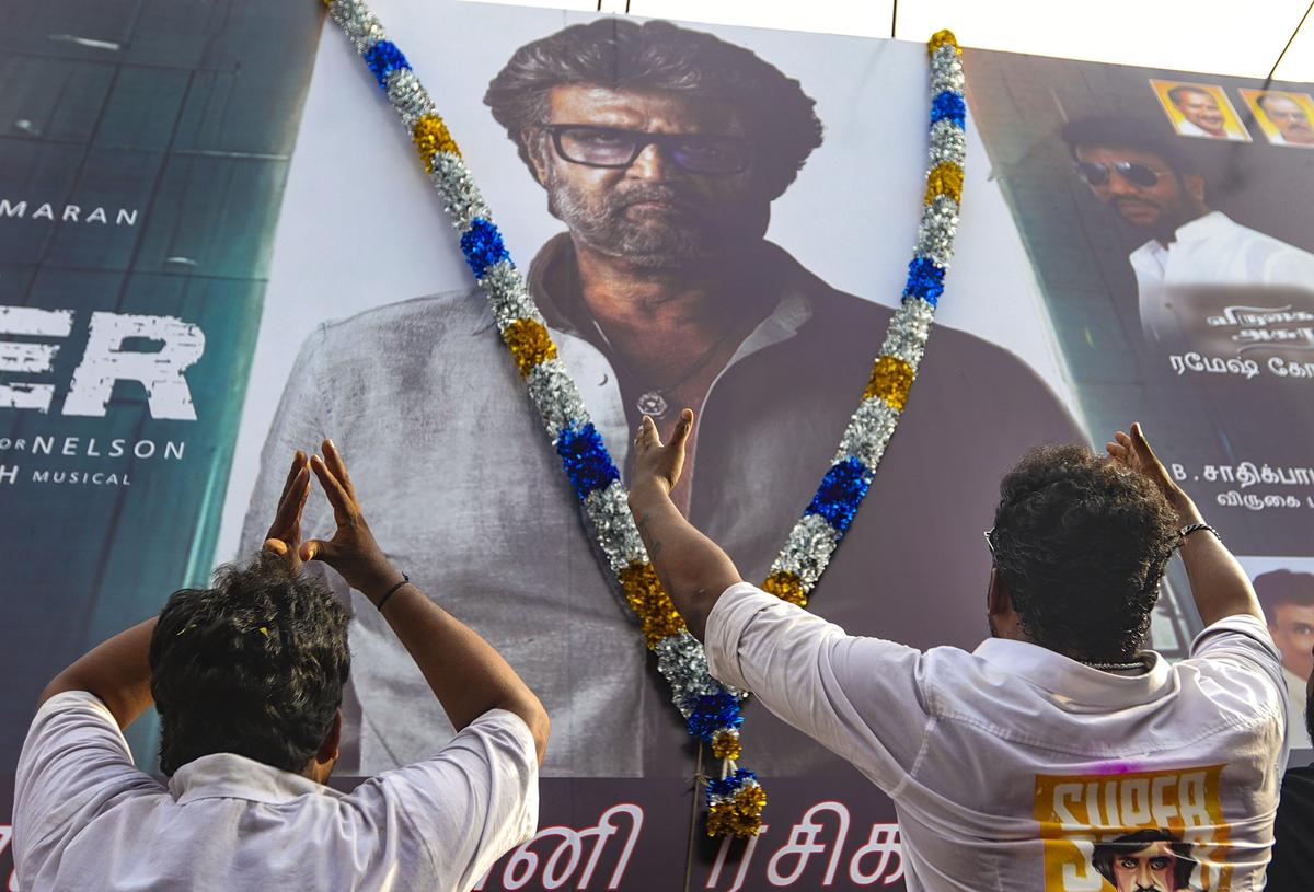 Fans of Rajinikanth celebrate the release of his new movie ‘Jailer’ outside a movie theater, in Chennai Fans of Rajinikanth celebrate the release of his new movie ‘Jailer’ outside a movie theater, in Chennai