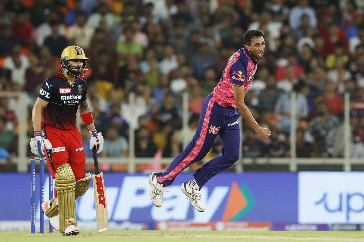 Prasidh Krishna of Rajasthan Royals Bowling during the Qualifier 2 match of the TATA Indian Premier League 2022 (IPL season 15) between the Rajasthan Royals and Royal Challengers Bangalore held at the Narendra Modi Stadium, Ahmedabad on the 27th May 2022.