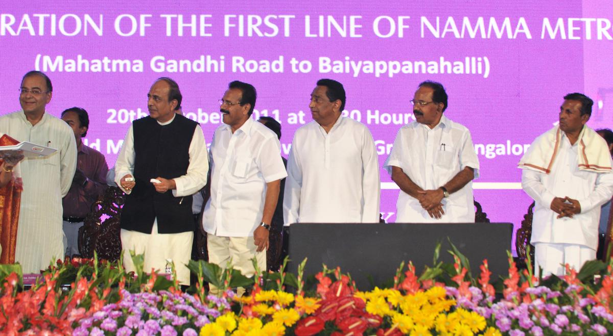 Karnataka Chief Minister D.V. Sadananda Gowda, Union Minister for Urban Development Kamal Nath, Union Railway Minister Dinesh Trivedi, Leader of the Opposition in the Rajya Sabha Arun Jaitley, Union Minister of State for Railways K.H. Muniyappa and Union Minister for Corporate Affairs M. Veerappa Moily during the inauguration of the Namma Metro in Bengaluru on October 20, 2011.