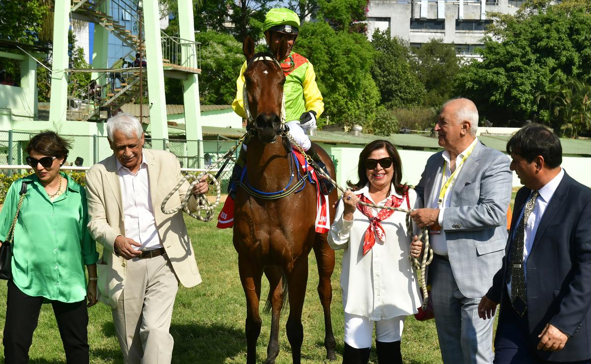 Owners K.N. Dhunjibhoy, Mr. and Mrs. Vijay B. Shirke, and trainer P. Shroff leading in Hunting Goddess (P.S. Chouhan up) which won the  Zavaray S. Poonawalla Sprinters’ Cup at the Bangalore Turf Club on March 04, 2023