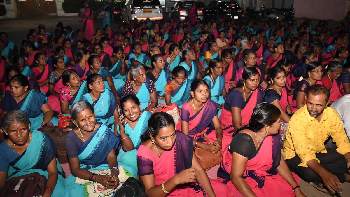 Wait-in protest by anganwadi workers, assistants