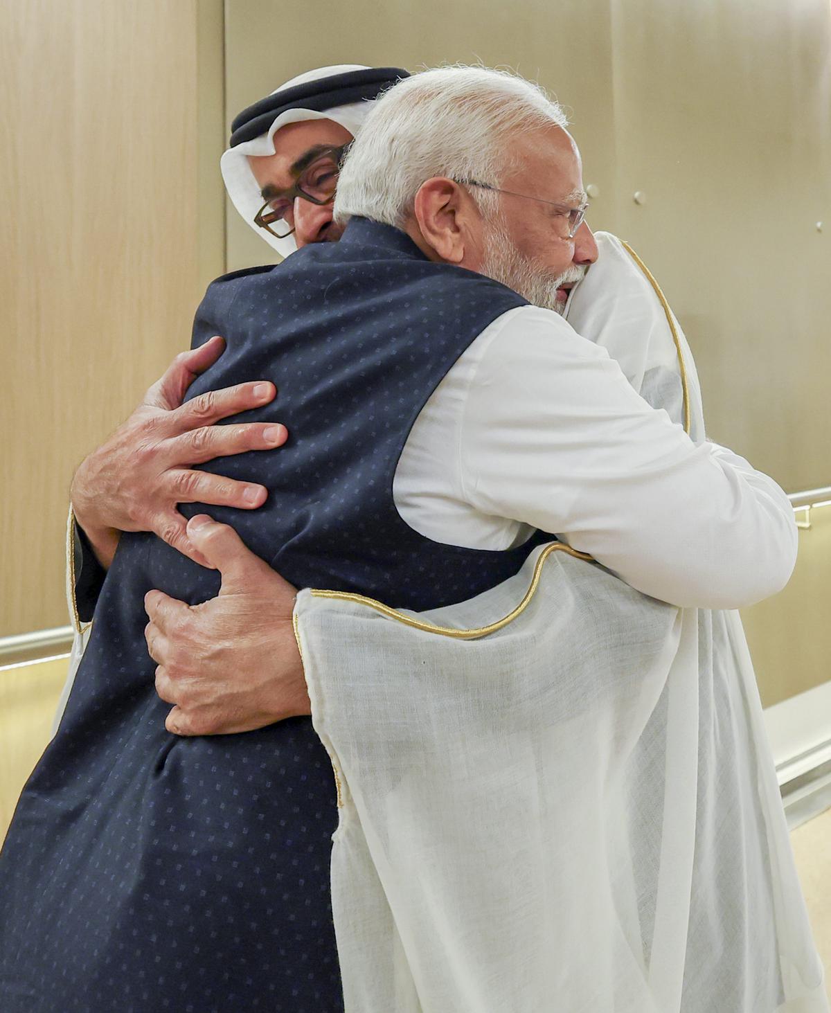 U.A.E. President Mohamed bin Zayed Al Nahyan hugs Prime Minister Narendra Modi upon his arrival in Abu Dhabi, UAE, Tuesday, Feb. 13, 2024. 