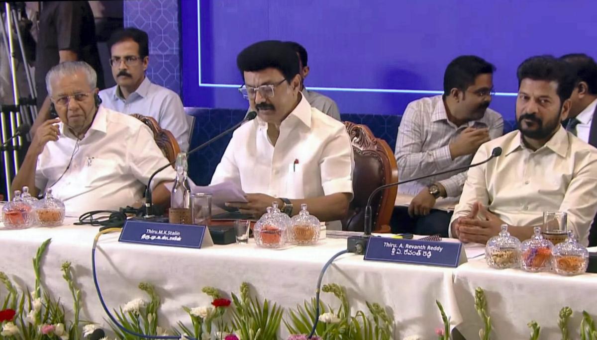 In this screengrab from a video posted by @TNDIPR21 via Youtube on March 22, 2025, Tamil Nadu Chief Minister MK Stalin addresses the joint action committee meeting on the issue of Lok Sabha constituency delimitation, in Chennai. Kerala CM Pinarayi Vijayan and Telangana CM Revanth Reddy are also seen. 