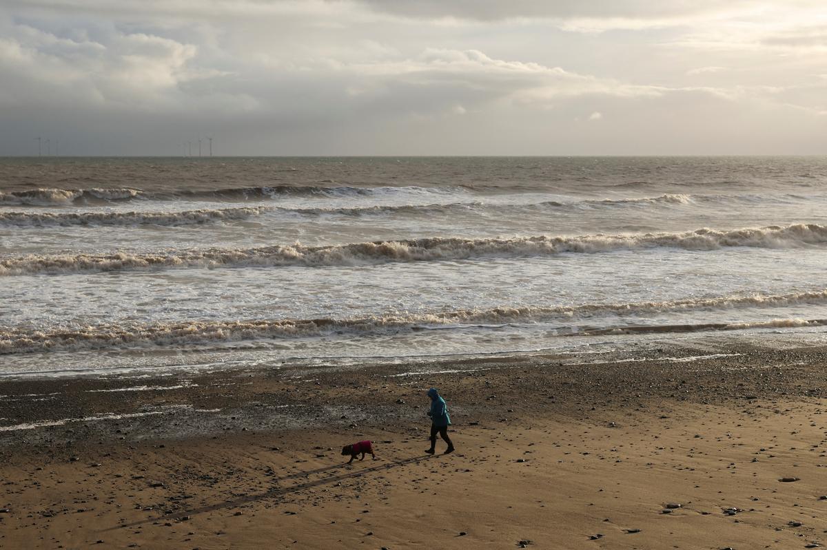 A woman walks a dog on the beach, near the location where a tanker carrying jet fuel for the U.S. military was hit by a container ship, in Withernsea, Britain, on March 11, 2025. 