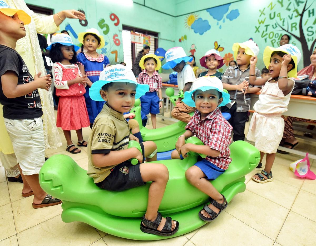 LKG students at Government Mixed UP School, Talab, in Kannur.