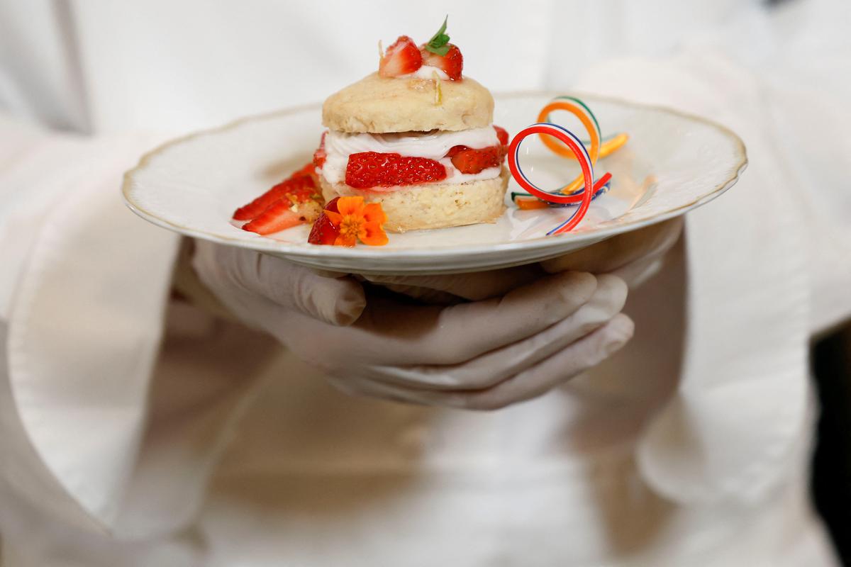 Rose and cardamom-infused strawberry shortcake for dessert at the White House State dinner hosted for PM Modi no June 22, 2023.