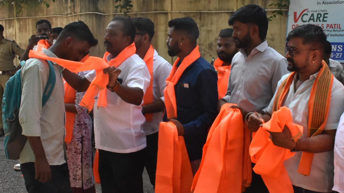‘Hijab’ ban rollback: Sri Rama Sene distributes saffron shawls to college students in Hubballi