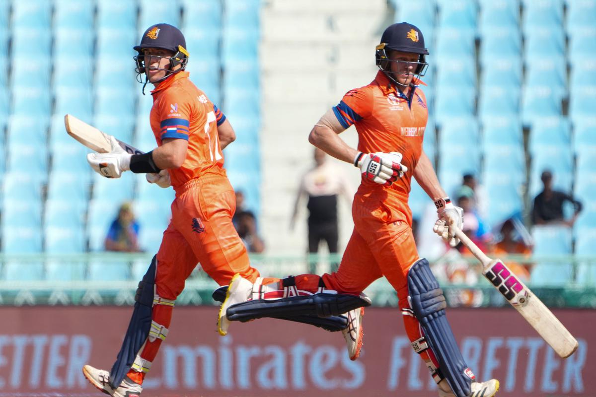 Netherlands’ Sybrand Engelbrecht and Logan van Beek run between the wickets during the ICC Men’s Cricket World Cup 2023 match between Sri Lanka and Netherlands, at Bharat Ratna Shri Atal Bihari Vajpayee Ekana Cricket Stadium in Lucknow on Oct. 21, 2023. 
