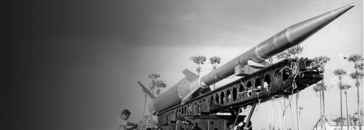 Nike-Apache 2 stage rocket on launcher at Thumba.