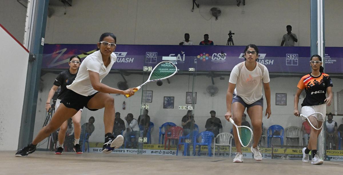 Joshna Chinappa and Rathika Seelan (both in white) beat Ananya Narayan and Anika Dubey.