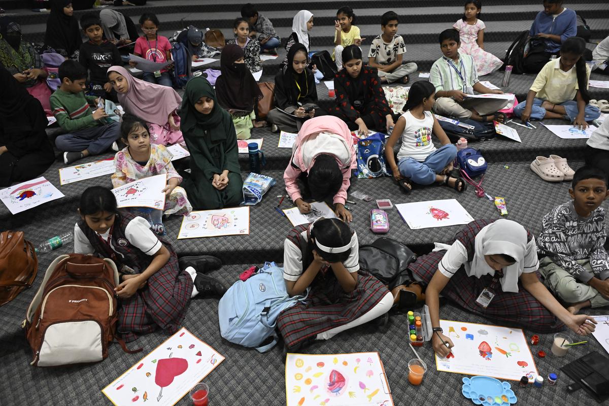Students participating in the painting competition organised by Apollo Hospitals, in collaboration with The Hindu in School at the Apollo Institute of Medical Sciences and Research on the occasion of World Heart Day, in Hyderabad on Monday.
