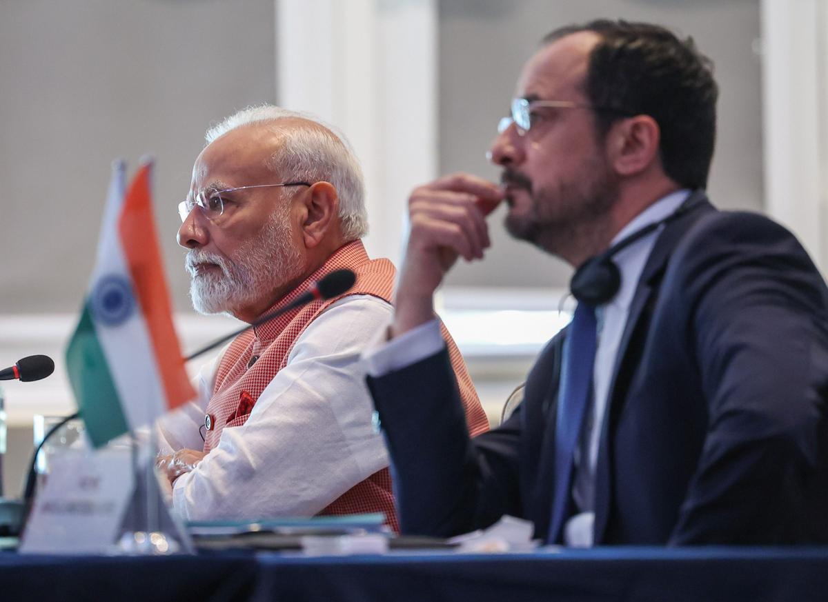 In this image via PMO on June 15, 2025, Prime Minister Narendra Modi with the President of Cyprus Nikos Christodoulides during a business roundtable, in Cyprus. In this image via PMO on June 15, 2025, Prime Minister Narendra Modi with the President of Cyprus Nikos Christodoulides during a business roundtable, in Cyprus.