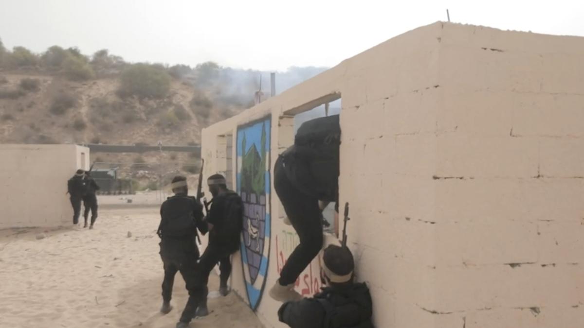 This image from video posted to social media by Hamas on Sept. 12, 2023 shows a live-fire exercise dubbed operation “Strong Pillar” outside Al-Mawasi, a Palestinian town on the southern coast of the Gaza Strip. 