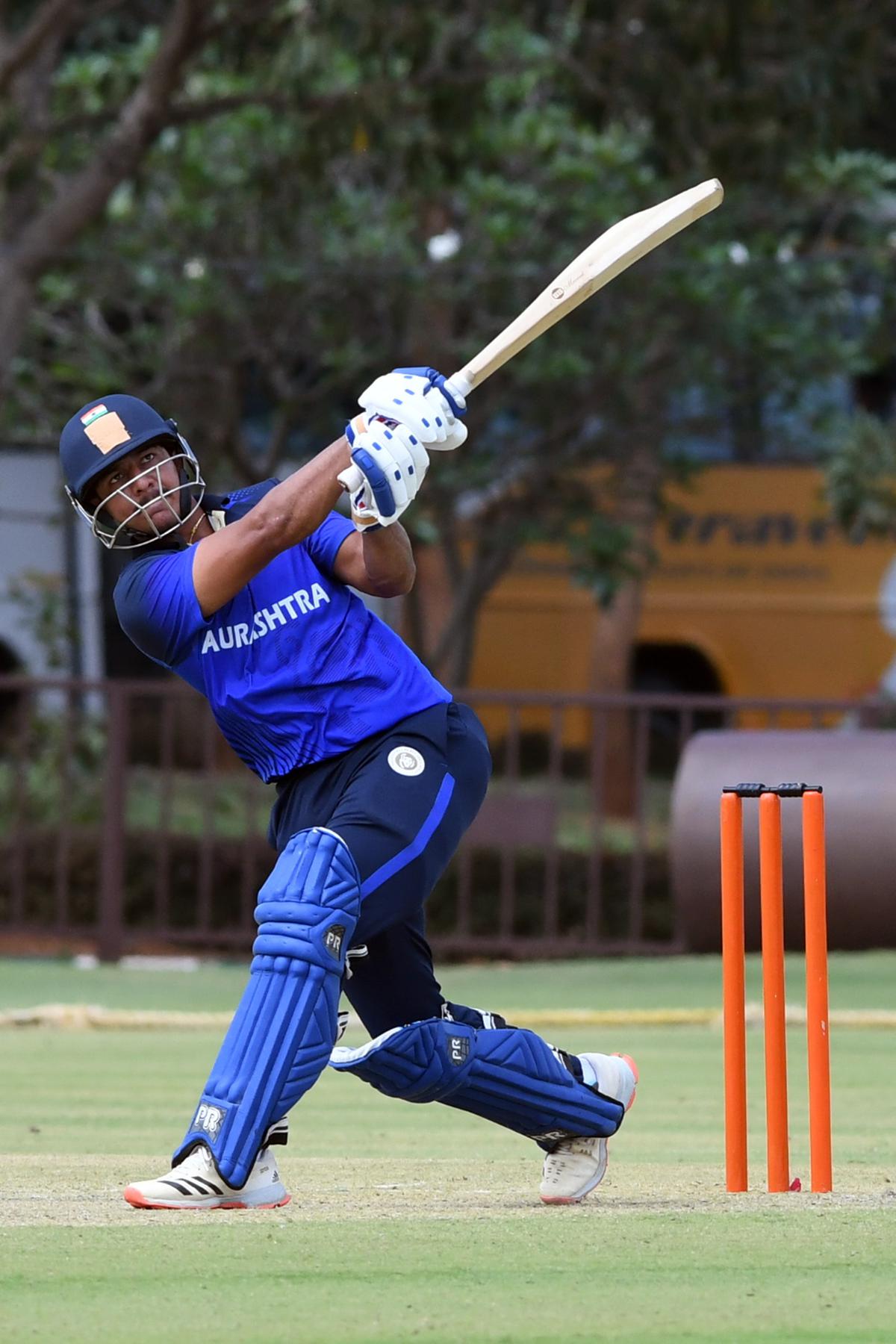 Saurashtra batter Vishvarajsinh Jadeja in action against Kerala in the Vijay Hazare match. 