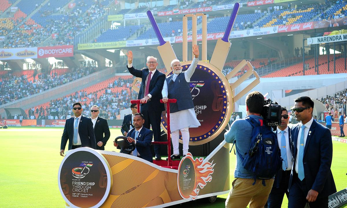 India’s Prime Minister Narendra Modi (on chariot, right) with Australian PM Anthony Albanese on the last day of the India-Australia series, at Narendra Modi Stadium in Ahmedabad this March.