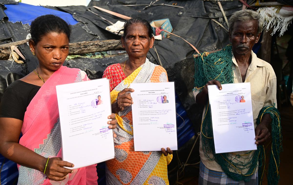 Katti Kotaiah, 56, who also belongs to the Yanadi community, escaped the clutches of his employer at Chilakaluripeta town. Kotaiah and his wife Katti Gangamma (in the centre) depend on fishing for their livelihood these days. 