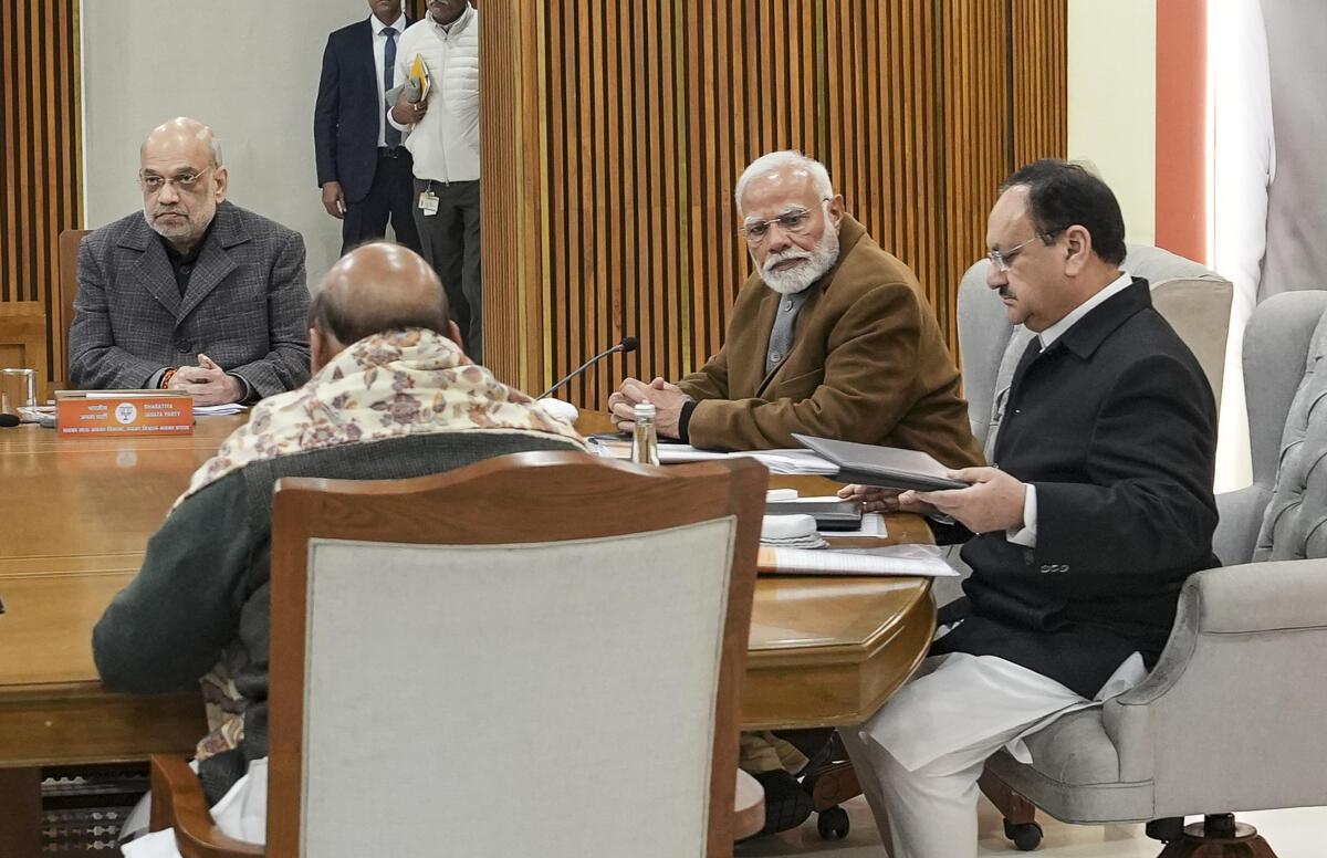 Prime Minister Narendra Modi with BJP National President JP Nadda, Defence Minister Rajnath Singh and Home Minister Amit Shah during the party’s Central Election Committee (CEC) meeting on the Delhi Assembly elections, at the party headquarters in New Delhi, Friday, Jan. 10, 2025.  Prime Minister Narendra Modi with BJP National President JP Nadda, Defence Minister Rajnath Singh and Home Minister Amit Shah during the party’s Central Election Committee (CEC) meeting on the Delhi Assembly elections, at the party headquarters in New Delhi, Friday, Jan. 10, 2025.