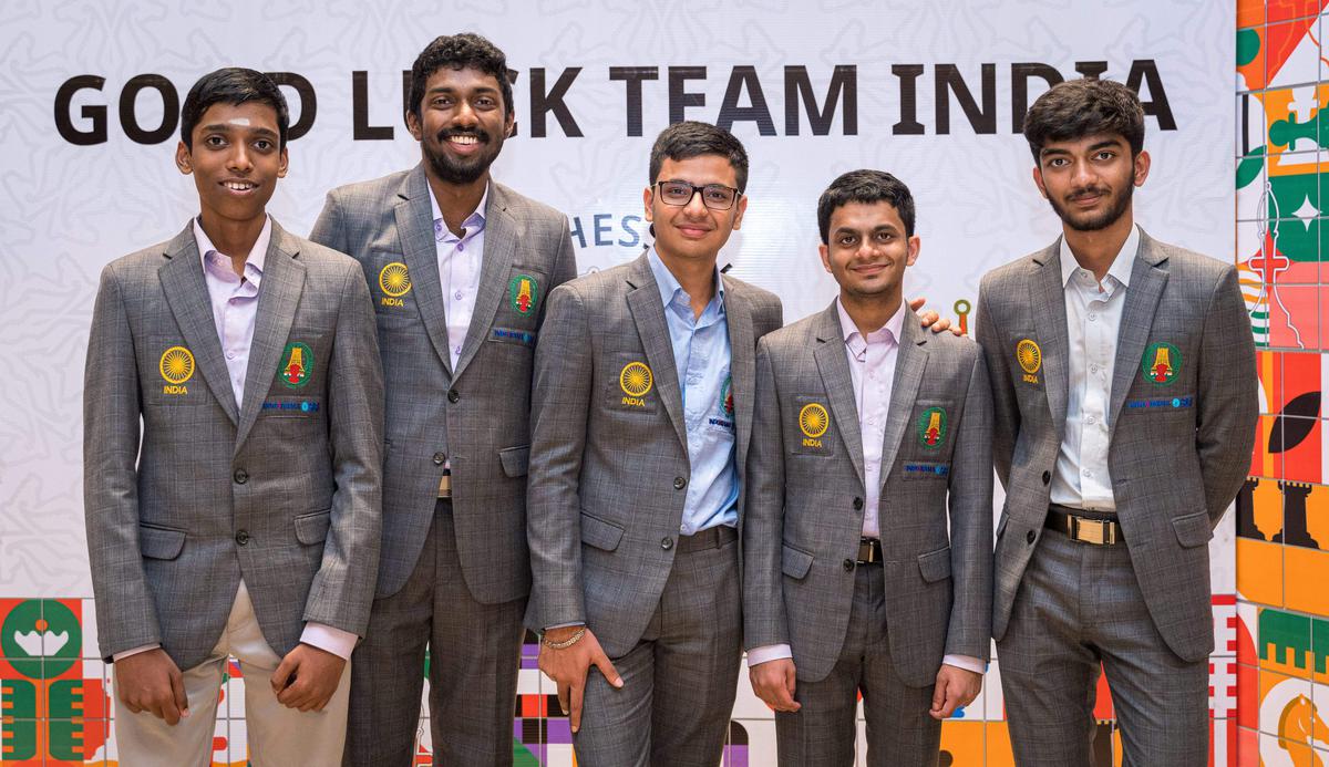 Members of India’s Team B in the Open Section (left to right) Grandmaster (GM) Rameshbabu Praggnanandhaa, GM Adhiban Baskaran, GM Raunak Sadhwani, GM Dommaraju Gukesh and GM Nihal Sarin during the 44th Chess Olympiad, at Mamallapuram near Chennai on August 9, 2022