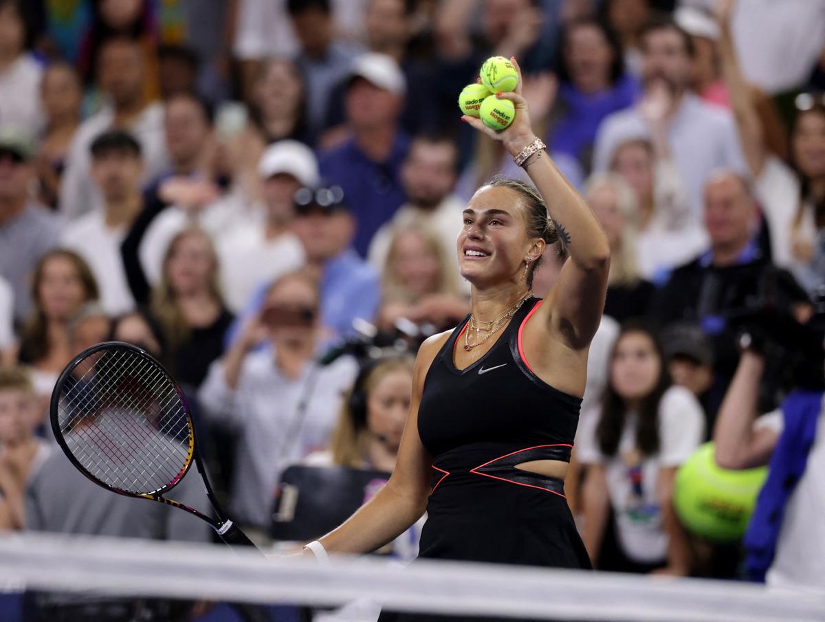Belarus’ Aryna Sabalenka celebrates winning her third round match against Canada’s Leylah Fernandez 