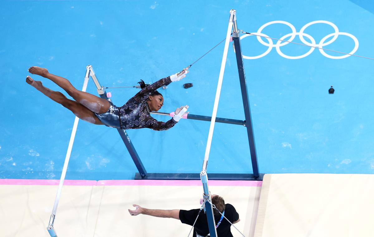 (Image was captured using a remote camera positioned above the field of play) Simone Biles of Team United States competes on the uneven bars during the Artistic Gymnastics Women’s Qualification on day two of the Olympic Games Paris 2024 at Bercy Arena in Paris on July 28, 2024.