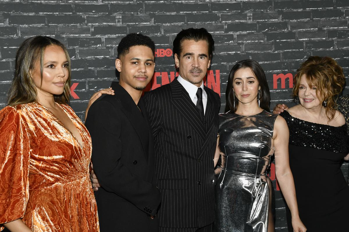 Carmen Ejogo, from left, Rhenzy Feliz, Colin Farrell, Cristin Milioti, and Deirdre O’Connell attend the premiere of ‘The Penguin’