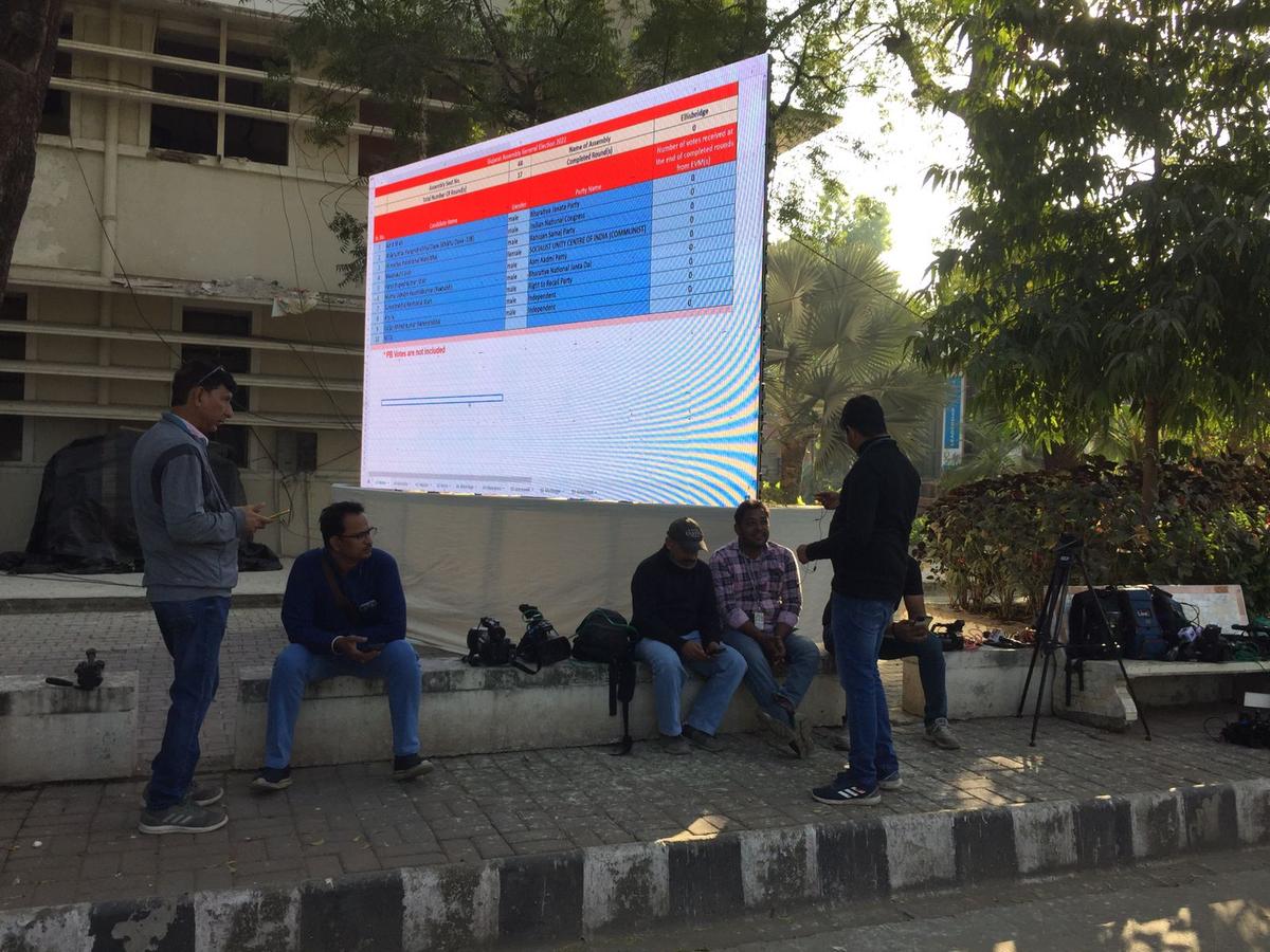 Scene outside a counting centre in Ahmedabad on December 8, 2022. The counting of votes for 182 Assembly seats is underway in Gujarat. 