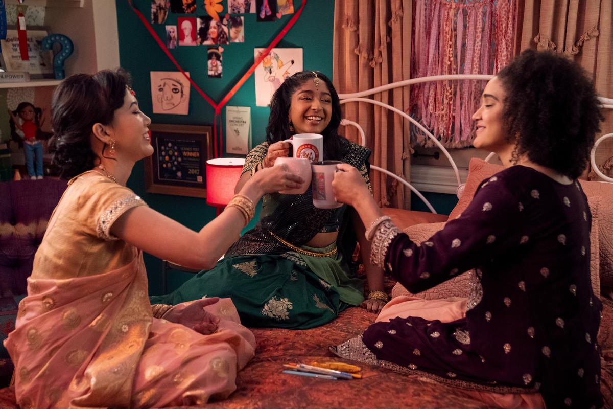 (L to R) Ramona Young as Eleanor Wong, Maitreyi Ramakrishnan as Devi, Lee Rodriguez as Fabiola Torres in episode 410 of ‘Never Have I Ever’