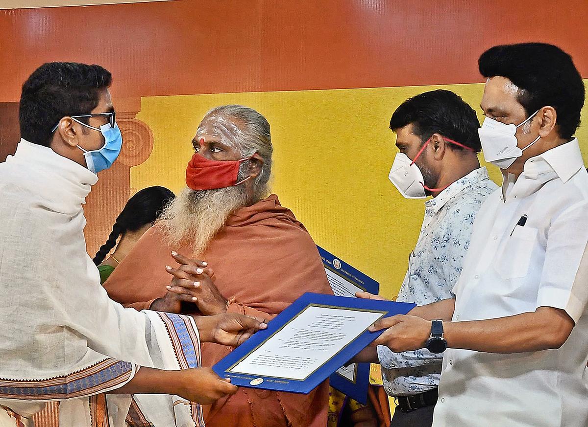 Tamil Nadu Chief Minister M.K. Stalin distributing appointment orders to Archakas of all castes at a function in Chennai in September 2021 Tamil Nadu Chief Minister M.K. Stalin distributing appointment orders to Archakas of all castes at a function in Chennai in September 2021