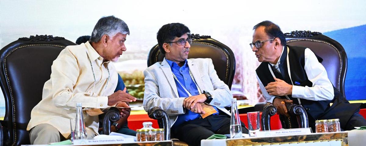 Chief Minister N. Chandrababu Naidu conversing with Abhay Karandikar, Secretary of Department of Science and Technology, and Ajay Kumar Sood, Principal Scientific Advisor to Government of India, at Amaravati Quantum Valley Workshop held in Vijayawada on Monday. Chief Minister N. Chandrababu Naidu conversing with Abhay Karandikar, Secretary of Department of Science and Technology, and Ajay Kumar Sood, Principal Scientific Advisor to Government of India, at Amaravati Quantum Valley Workshop held in Vijayawada on Monday.