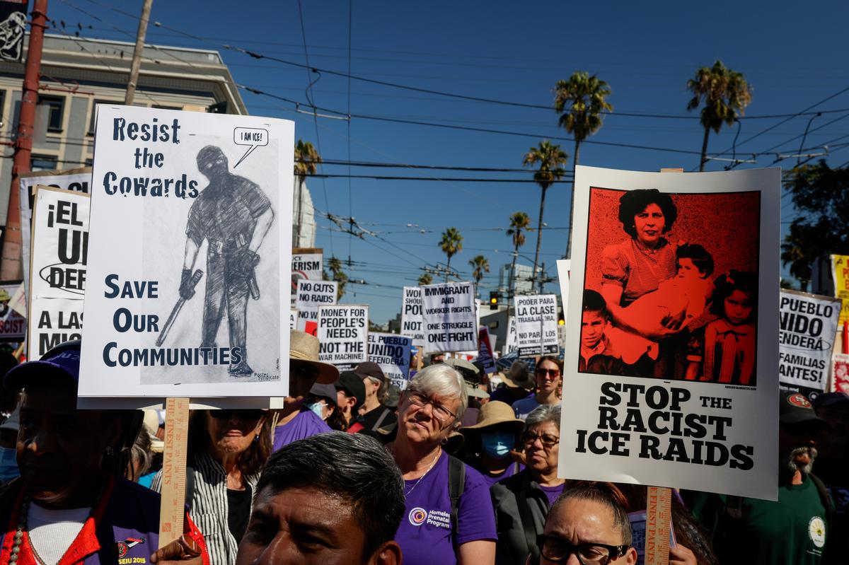 Hundreds gather to protest the Trump Administration while calling for workers over billionaires in the Mission District in San Francisco, Calif., Monday, Sept. 1, 2025. Hundreds gather to protest the Trump Administration while calling for workers over billionaires in the Mission District in San Francisco, Calif., Monday, Sept. 1, 2025.