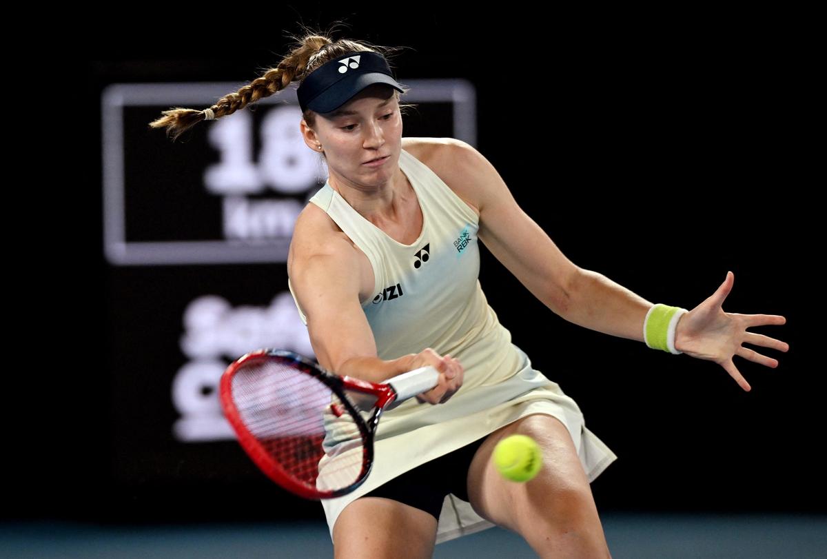 Kazakhstan’s Elena Rybakina in action during the Australian Open tennis championship women’s final against Aryna Sabalenka in Melbourne on January 31, 2026