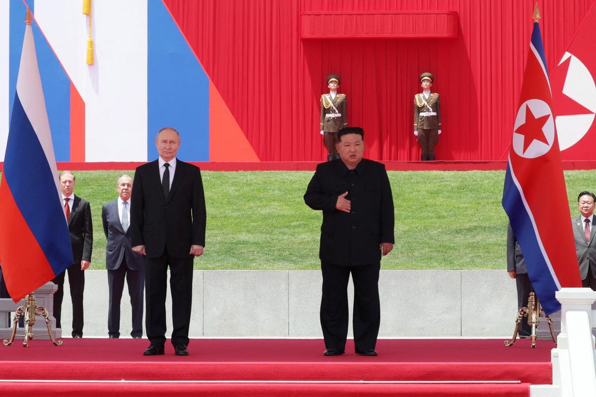 Russia’s President Vladimir Putin and North Korea’s leader Kim Jong-un attend an official welcoming ceremony at Kim Il Sung Square in Pyongyang, North Korea on June 19, 2024. Photo: Via Reuters
