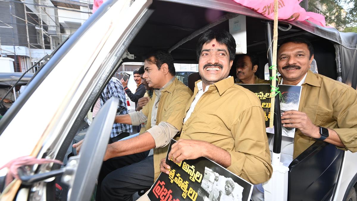 BRS MLAs drive autos to Telangana Assembly demanding welfare board, ₹12,000 annual aid to auto drivers