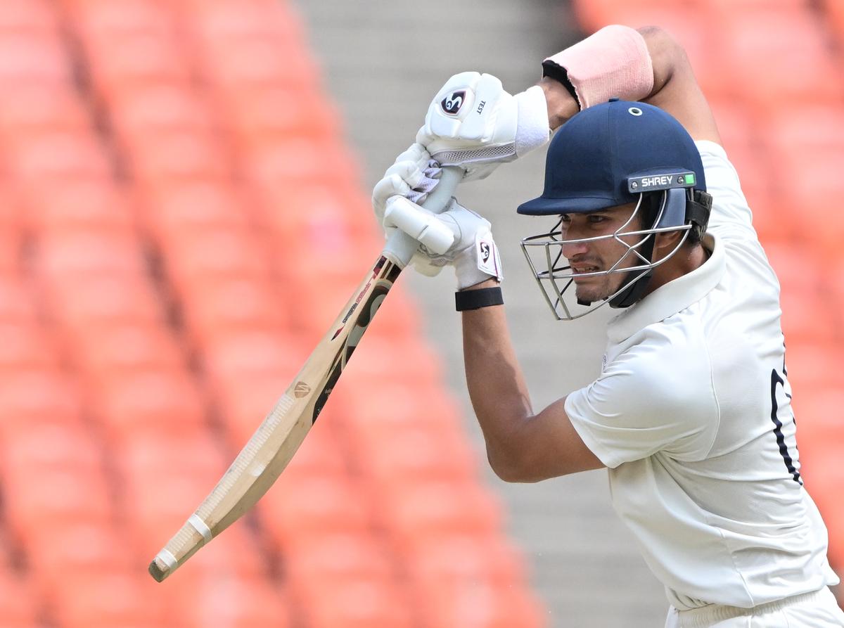 Gujarat’s Aarya Desai plays a shot on the third day of the Ranji Trophy semifinal against Kerala in Ahmedabad on February 19, 2025. 