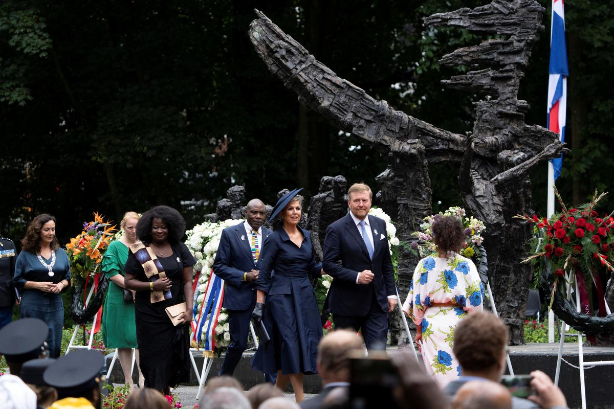 Dutch King Willem-Alexander and Queen Maxima walk after the king apologized for the royal household's role in slavery and made an apology in a speech at an event to celebrate the anniversary of the abolition of slavery by the Netherlands in July in Amsterdam, Netherlands.  1, 2023. 