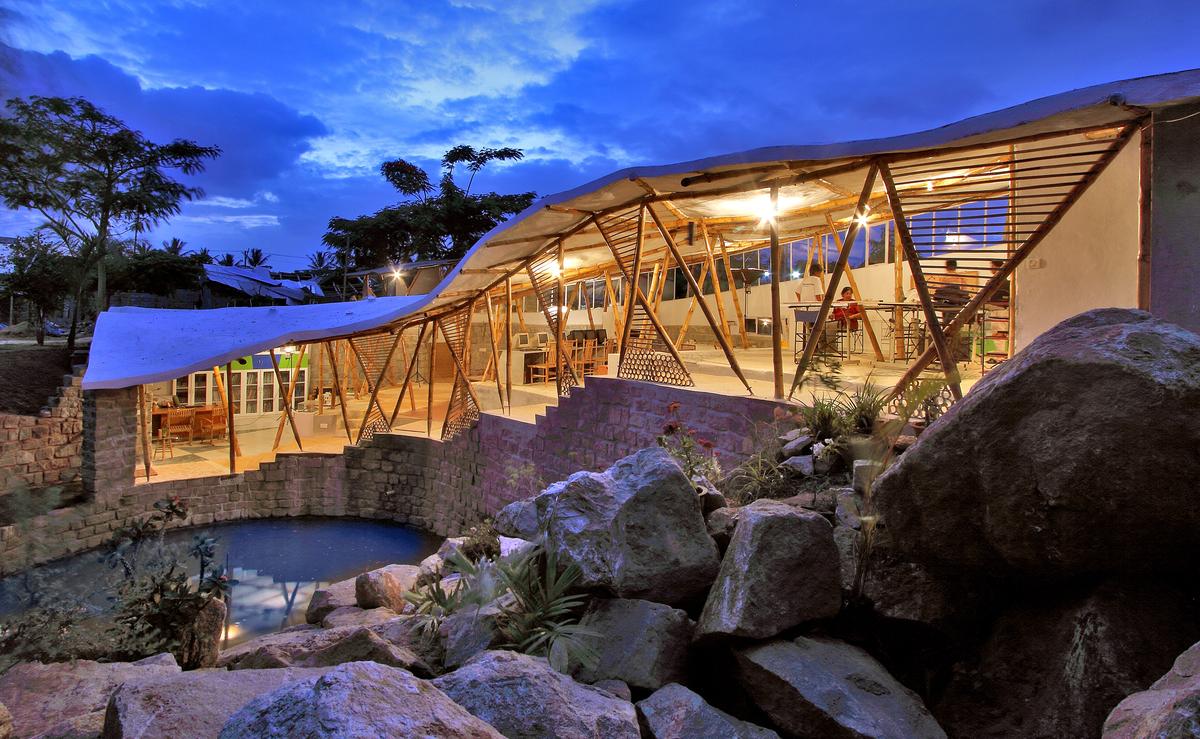 Office ambience created out of bamboo by architect Neelam Manjunath who spearheads the Bamboo City project, which aims to tackle urban air and water pollution through nature-based solutions, with bamboo serving as a central material in construction.