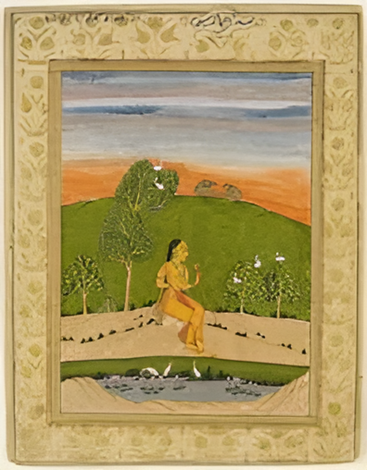 A detailed Ragamala miniature painting, 'Asavari Ragini of Malkosh', showing a girl holding a cobra amidst a scenic landscape.