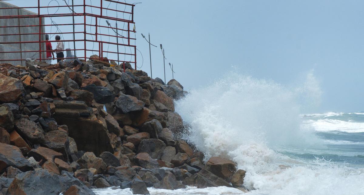 High waves crashing into the retaining wall of Kursura Submarine Museum on the Beach Road in Visakhapatnam in June 2016.  File