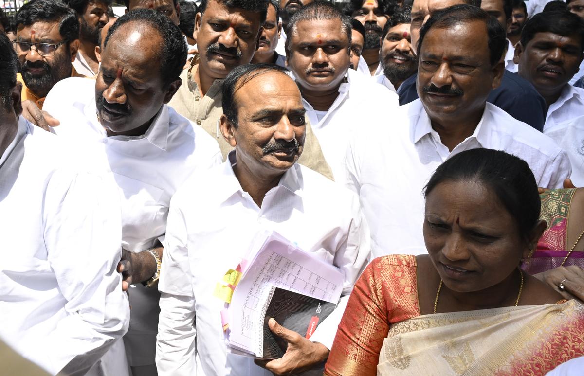 BJP MP Eatala Rajender appearing before the Justice P.C. Ghose Commission, set up for an inquiry into the Kaleshwaram project, in Hyderabad on Friday.