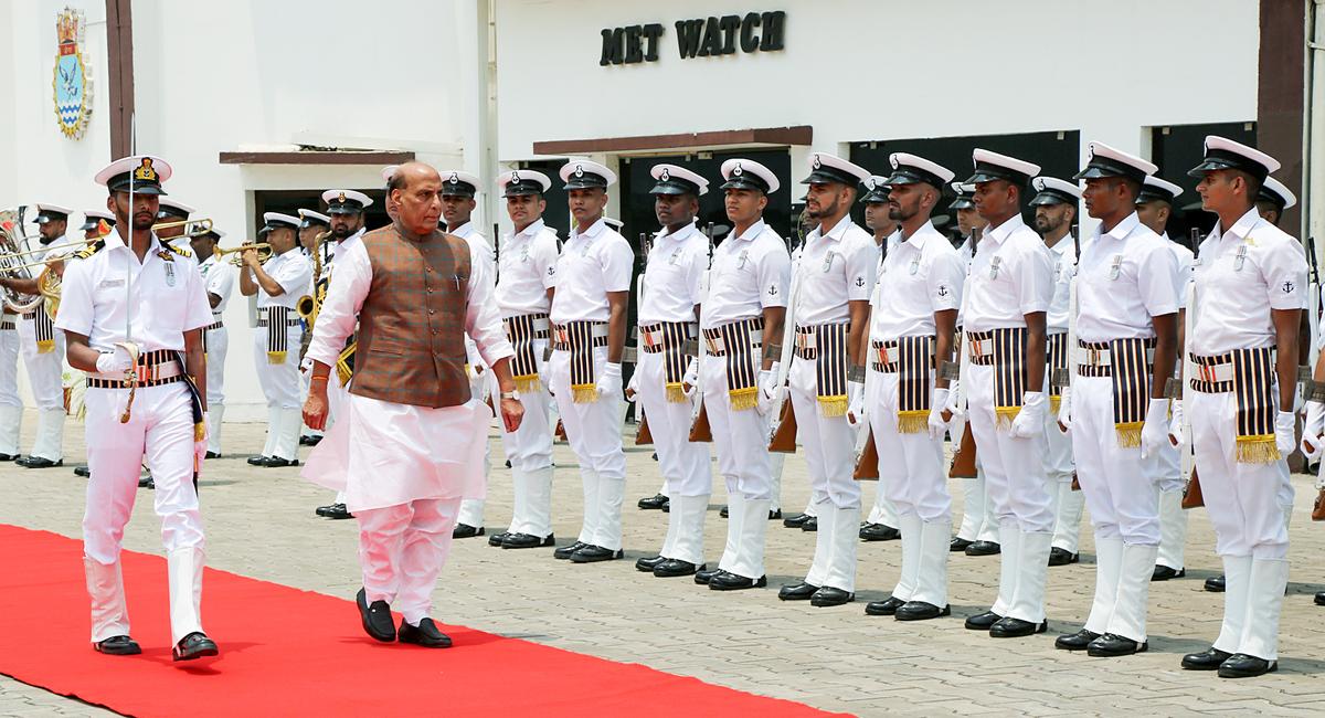 Defense Minister Rajnath Singh received a 50-person Guard of Honor ceremony on arrival at INS Dega, in Visakhapatnam on Friday.
