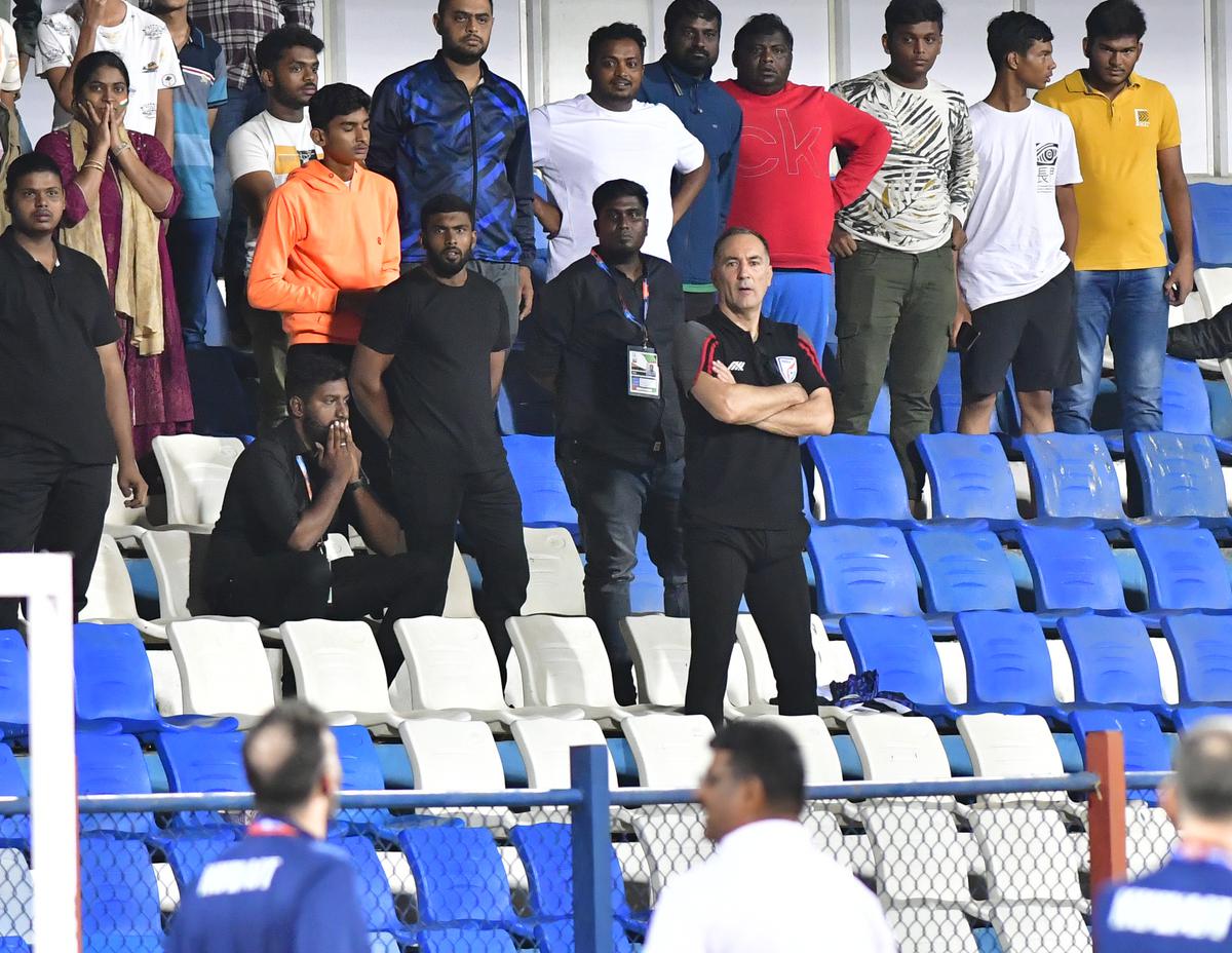 Indian football team head coach Igor Stimac, watching from public stands, during the SAFF Championship 2023 football match between India and Kuwait, in Bengaluru on June 27, 2023.  