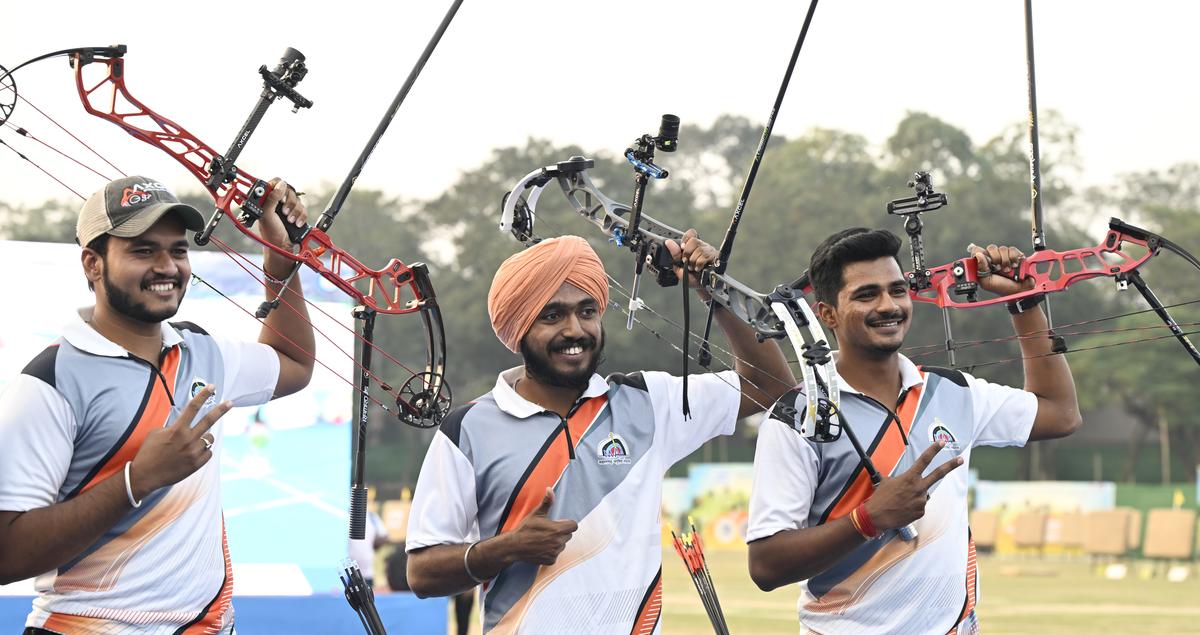 Prathamesh Fuge, Tejbeer Jahagerdar and Sahil Jadhav of Maharashtra  after winning the compound men’s team event at the  44th National Archery Championship at Jamshedpur on Thursday, December 19, 2024. 