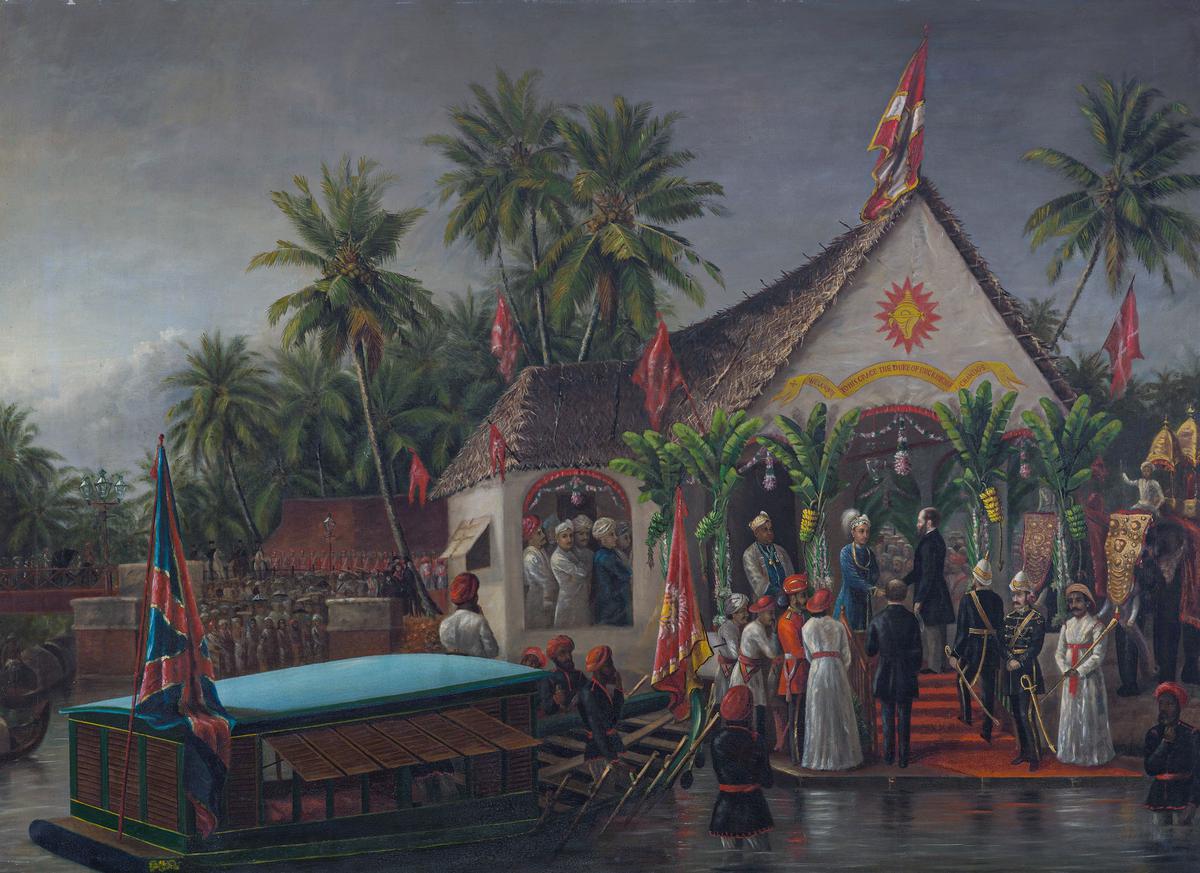 A portrait of the Maharaja of Travancore and his younger brother welcoming Richard Temple -grenville, the third Duke of Buckingham and Chandos, governor-general of Madras (1875-80), on his official visit to Trivandrum in 1880.