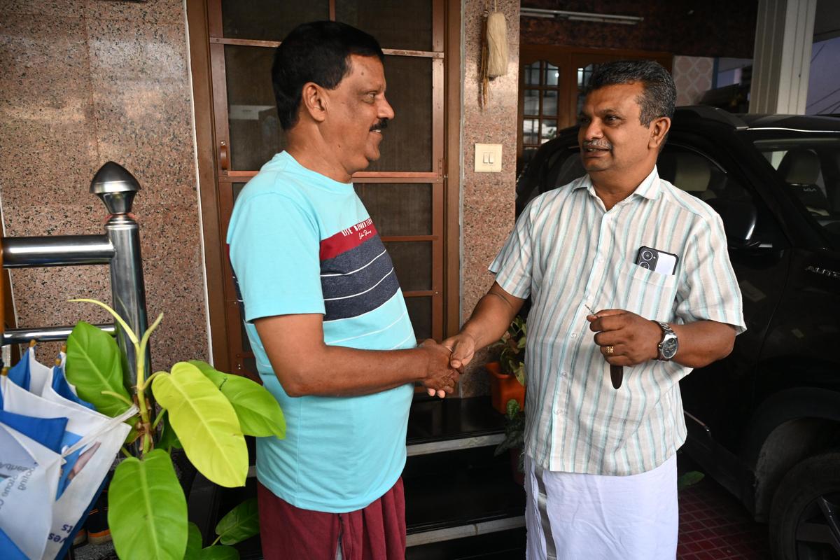 BJP candidate in the Vaduthala East division of the Kochi Corporation KB Manoj Kumar during his campaigning on Thursday. 