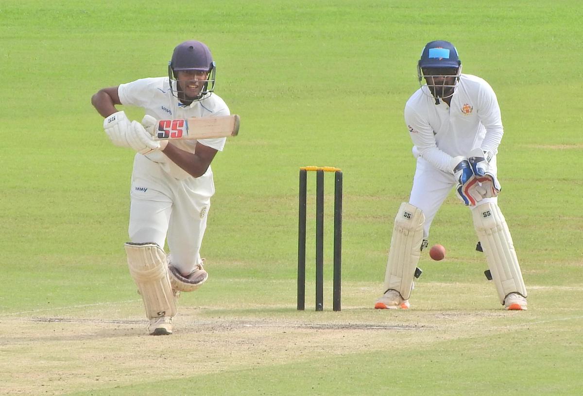 Goa's Abhinav Tejrana in action during his unbeaten second-innings half-century.